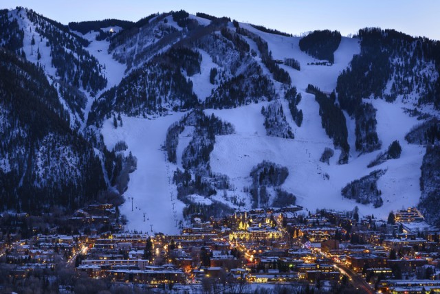 Aspen Colorado Town and Ski Slopes at Dusk