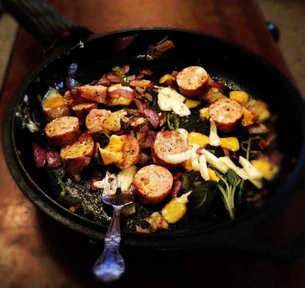 sauteed food in cast iron pan