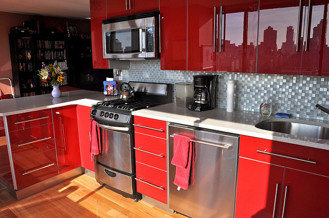 red, beautiful kitchen