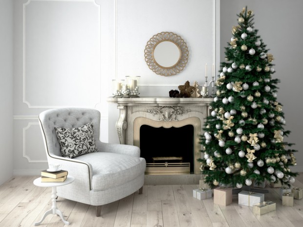 Christmas living room with a tree and fireplace. 3d rendering