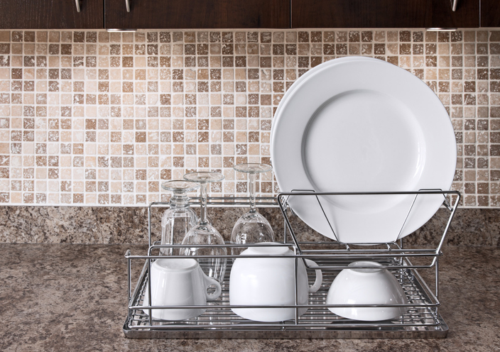 Dish rack on kitchen countertop