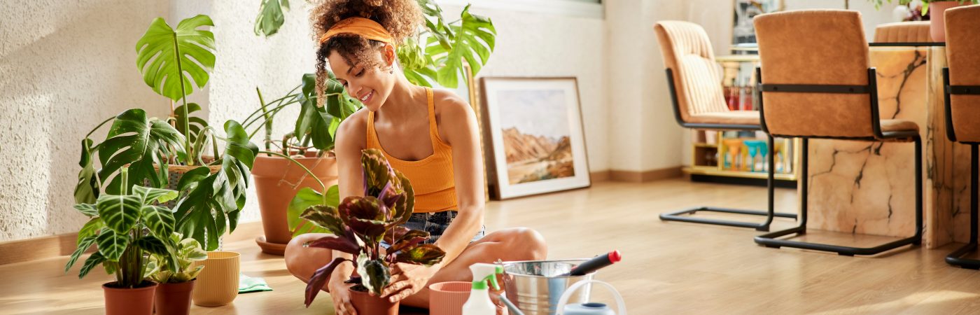 Woman sitting on floor arranging some green plants for healthier air.