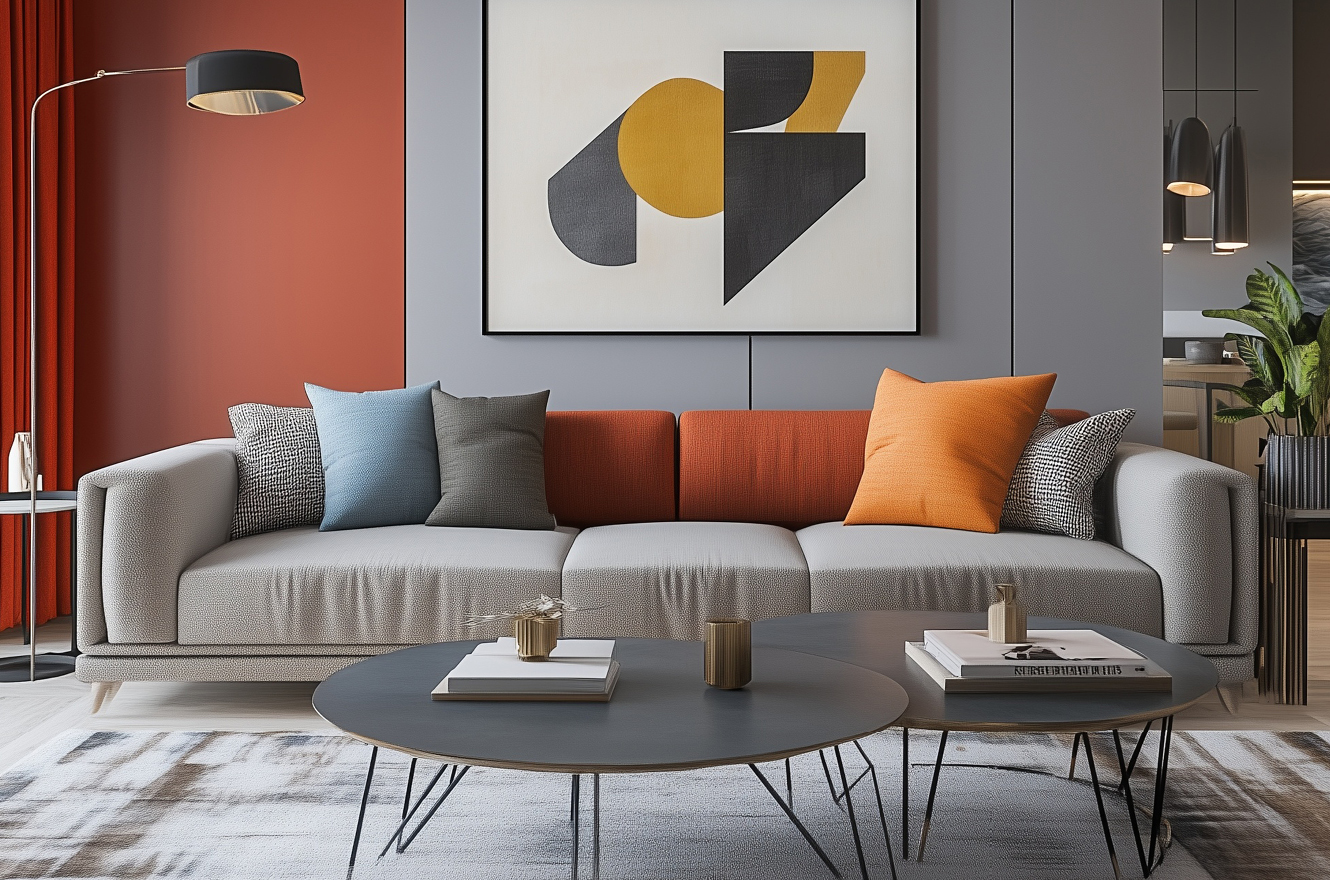 Gray couch with colorful pillows