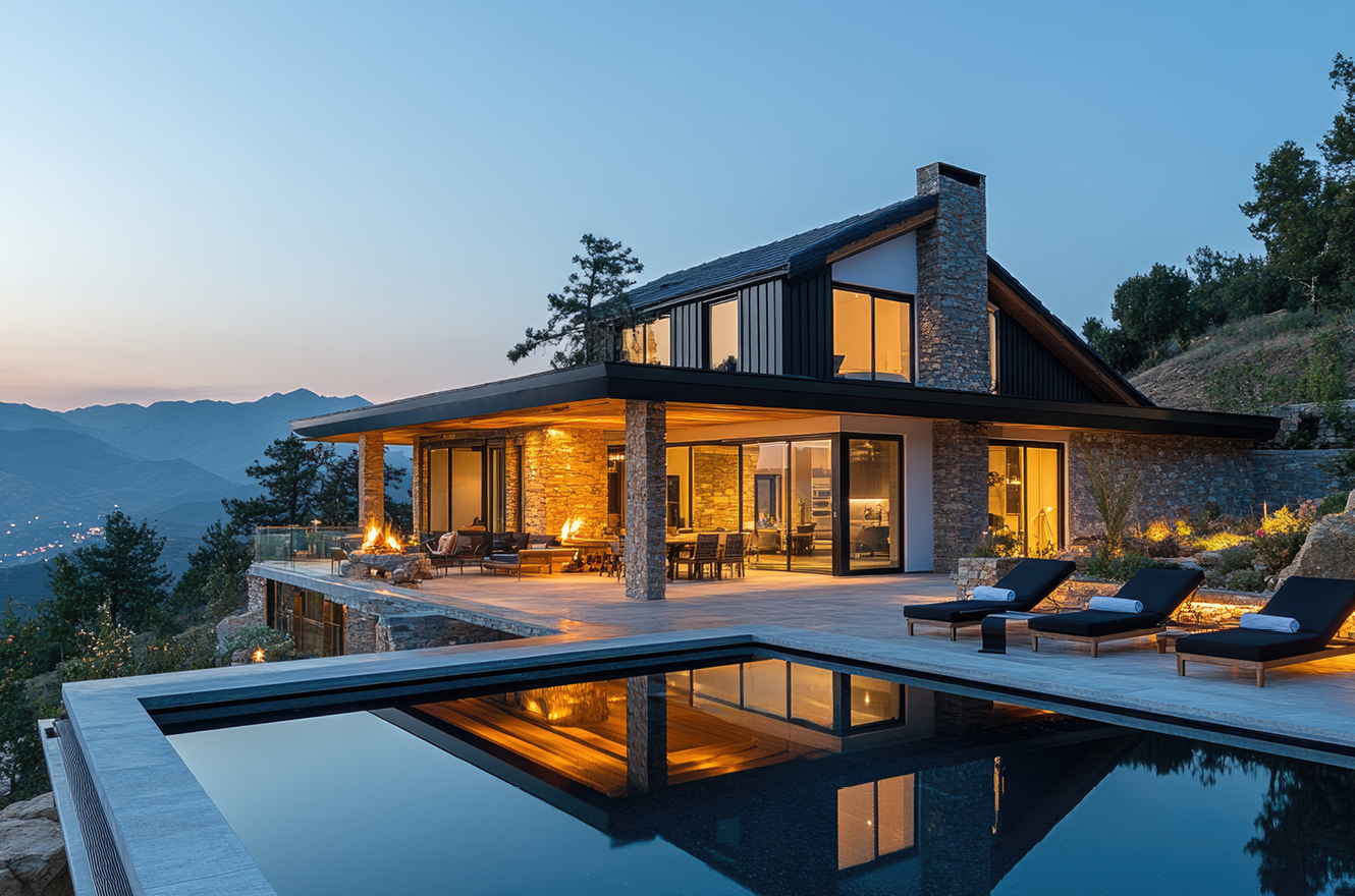 Alpine cabin at night with swimming pool